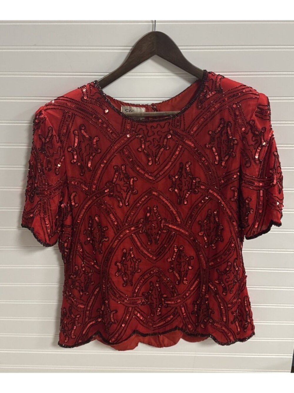 VTG Stenay 100% Silk Beaded Sequined Blouse Size X Large XL Cocktail Red Black
